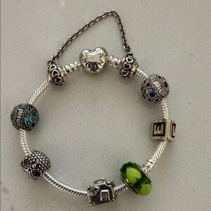 Pandora Silver Charm Bracelet with Green Glass Charm